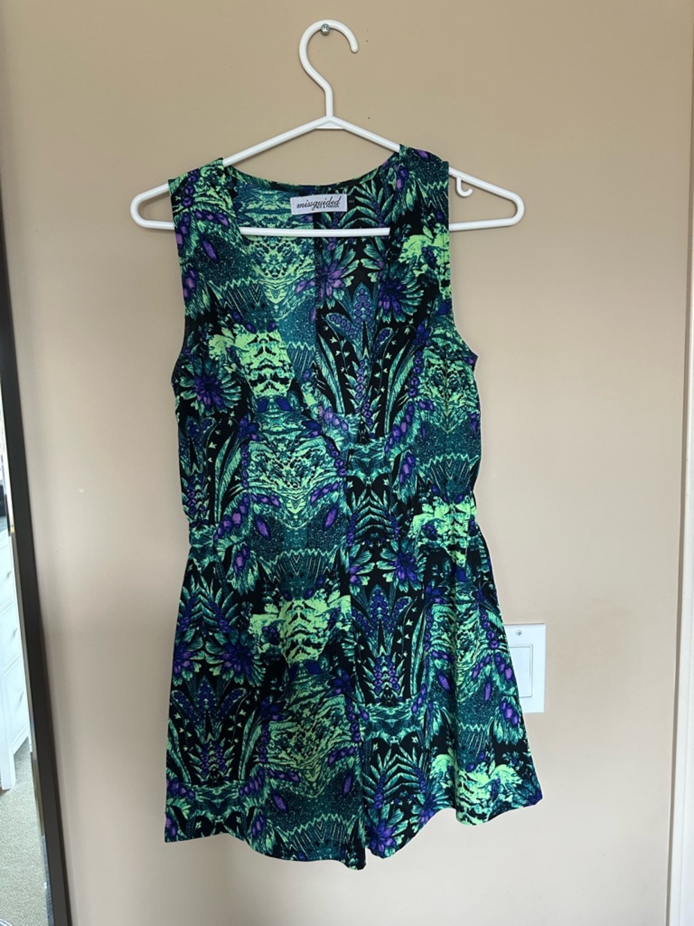 Missguided Black romper with Green & Purple Tropical Print